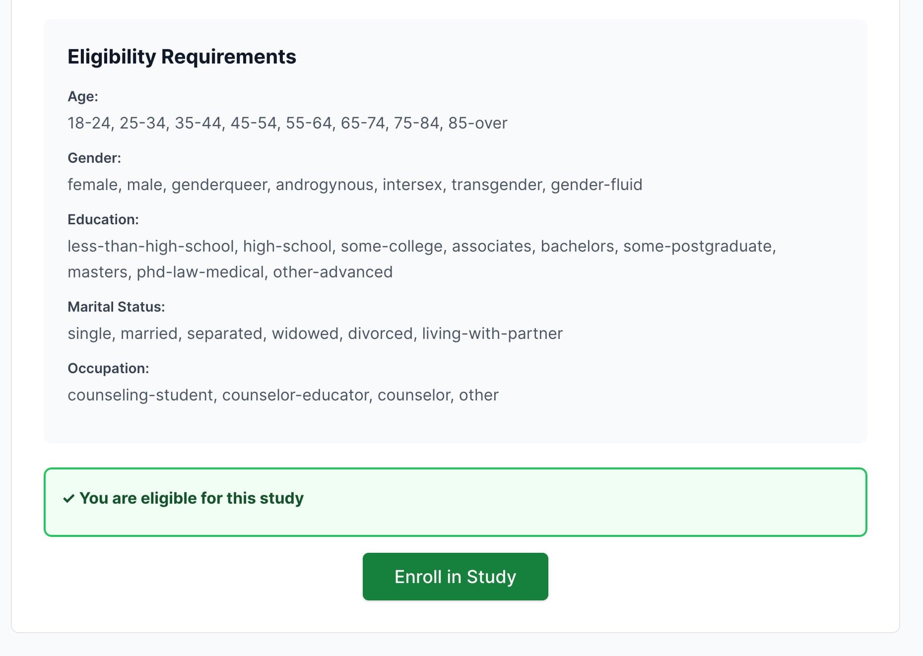 Eligible study with enroll button