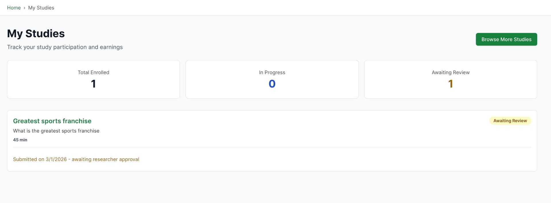 My studies page with status cards