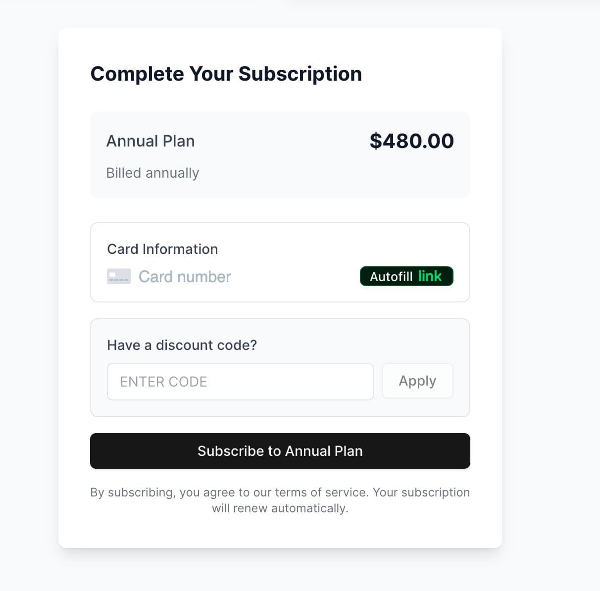 Payment form with discount code field