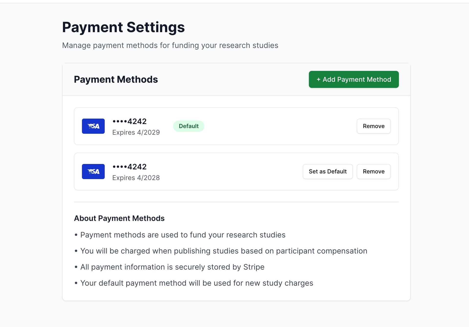 Payment methods management page