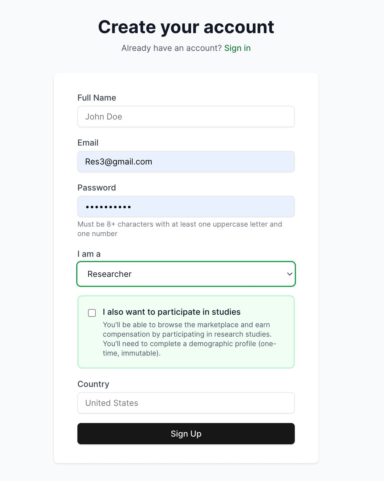 Researcher signup form