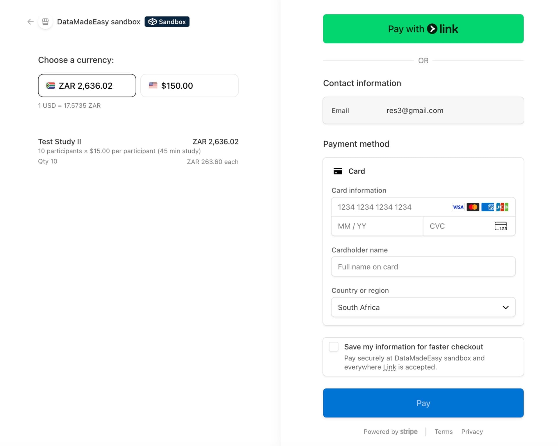 Stripe payment confirmation page