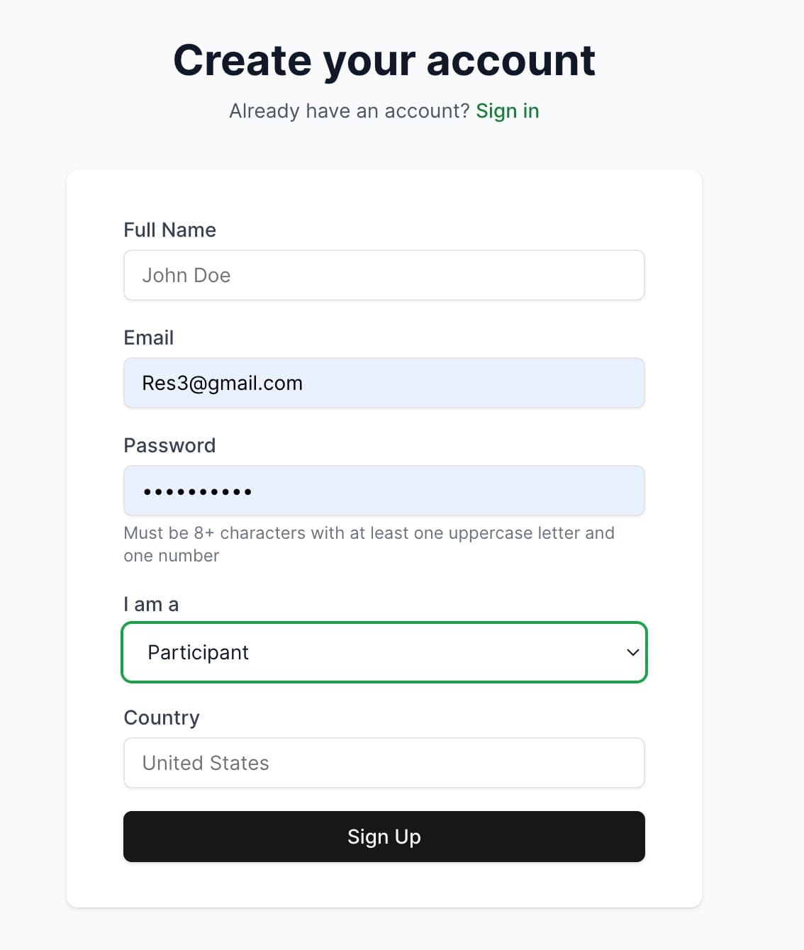 Participant signup form