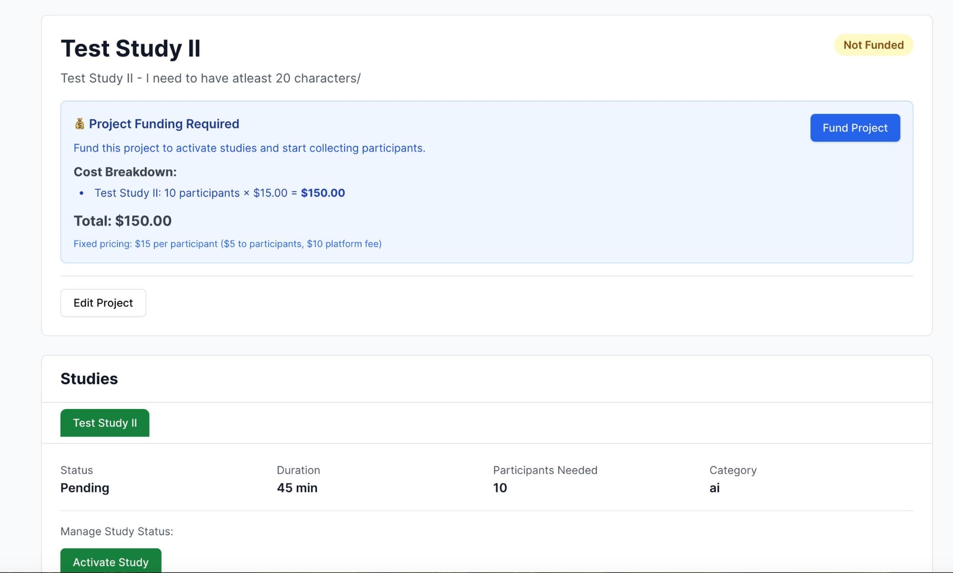 Unfunded study with fund project button