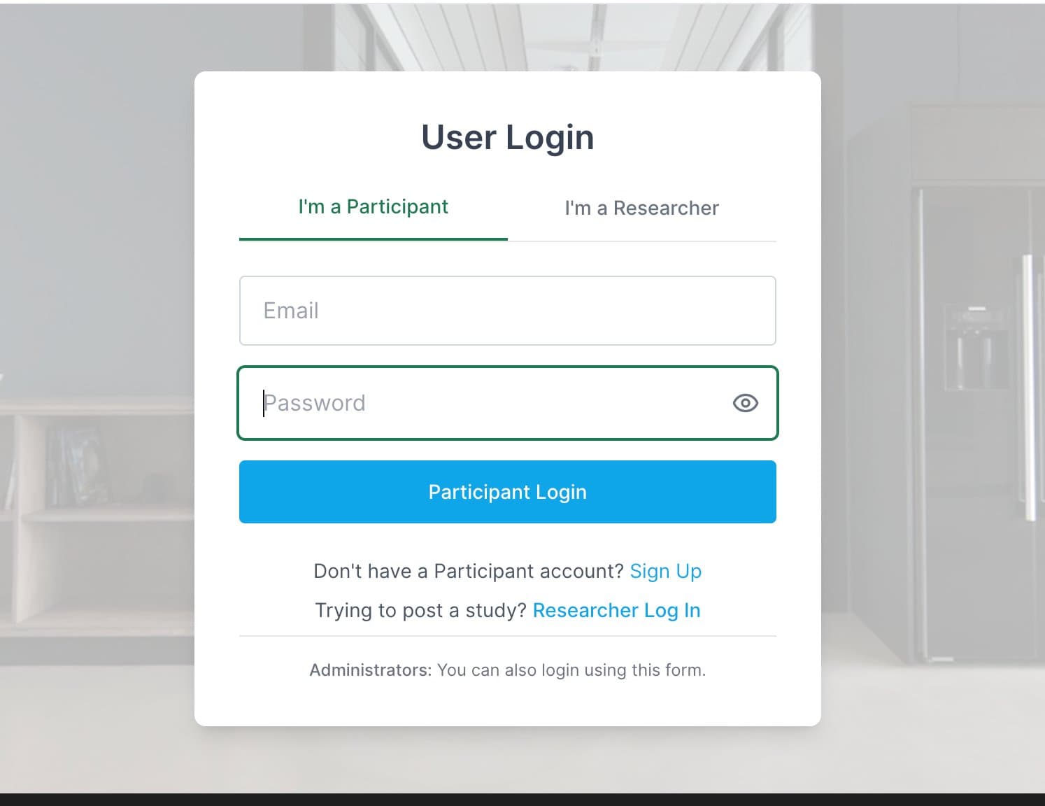Participant login screen