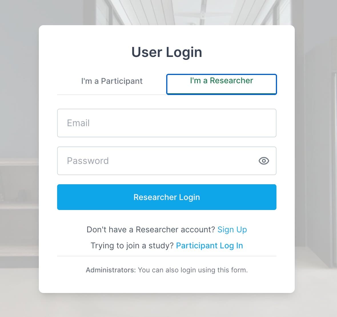 Researcher login screen
